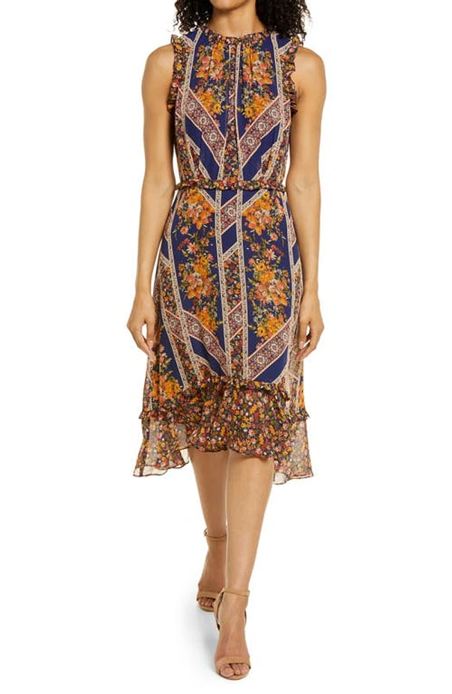 Julia Jordan Floral Scarf Print Ruffle Detail A-Line Dress Navy Multi at Nordstrom,