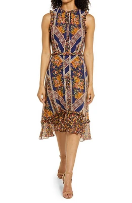 Julia Jordan Floral Scarf Print Ruffle Detail A-Line Dress Navy Multi at Nordstrom,