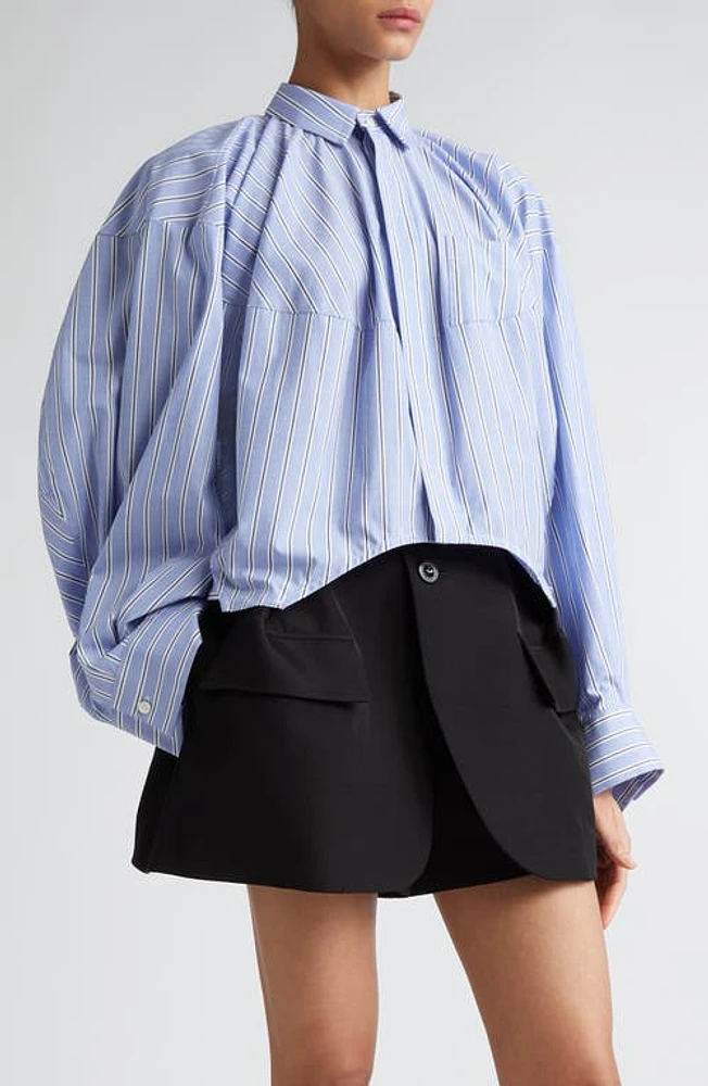 Sacai Stripe Poplin Crop Button-Up Shirt Light Blue at Nordstrom,