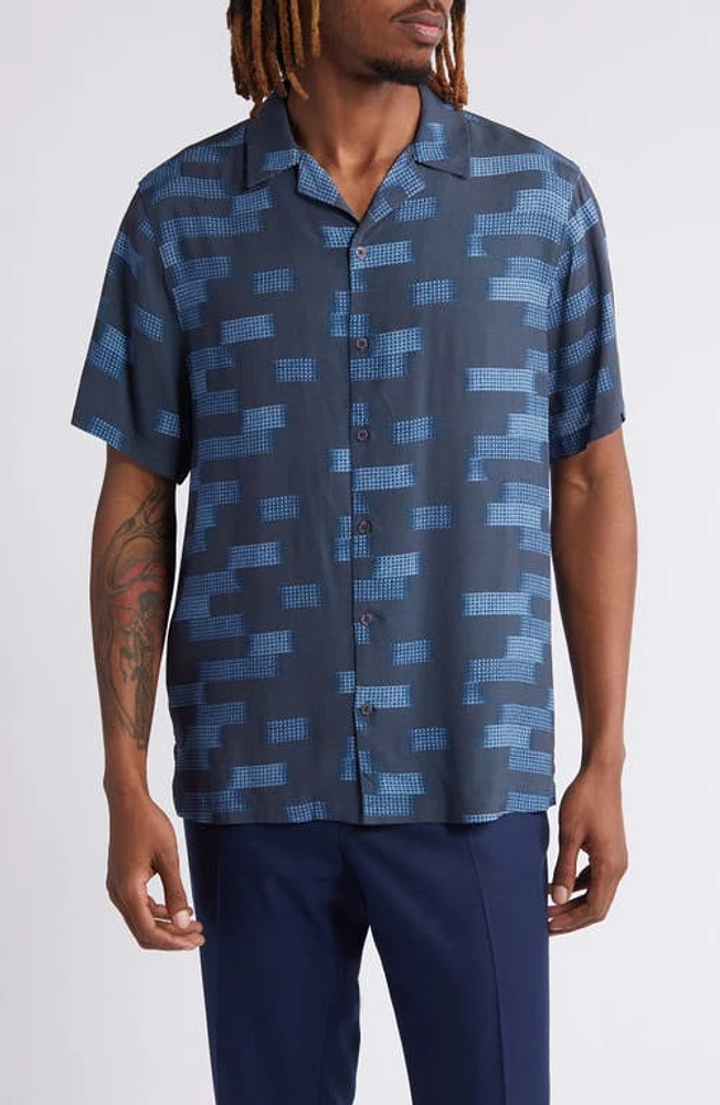 Open Edit Relax Geo Pattern Camp Shirt Navy Ambient Stripe at Nordstrom,