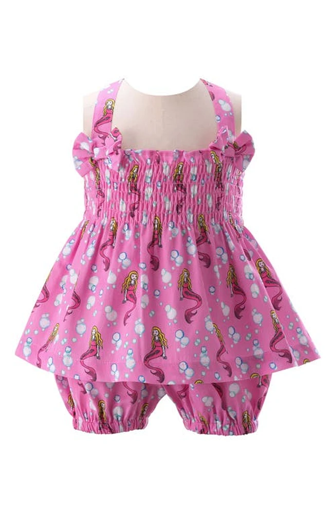 Rachel Riley Mermaid Print Cotton Sundress & Bloomers Pink at Nordstrom,