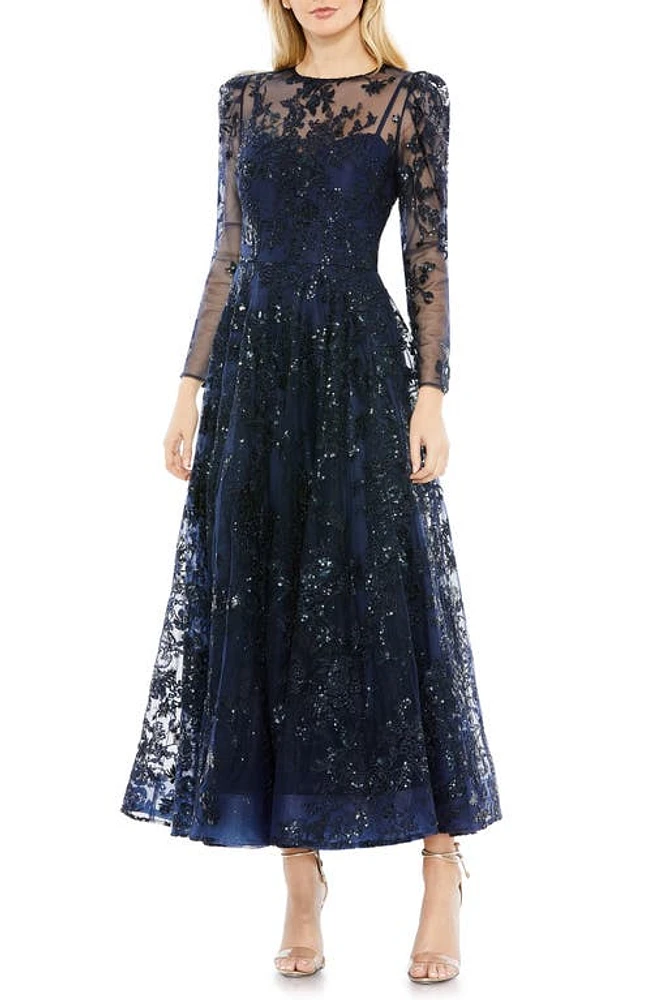 Mac Duggal Sequin Floral Long Sleeve Tulle Midi Dress at Nordstrom,