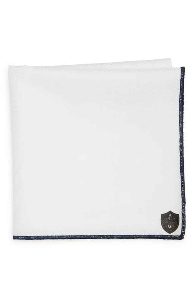 CLIFTON WILSON White Cotton Herringbone Pocket Square with Navy Trim in White/navy at Nordstrom