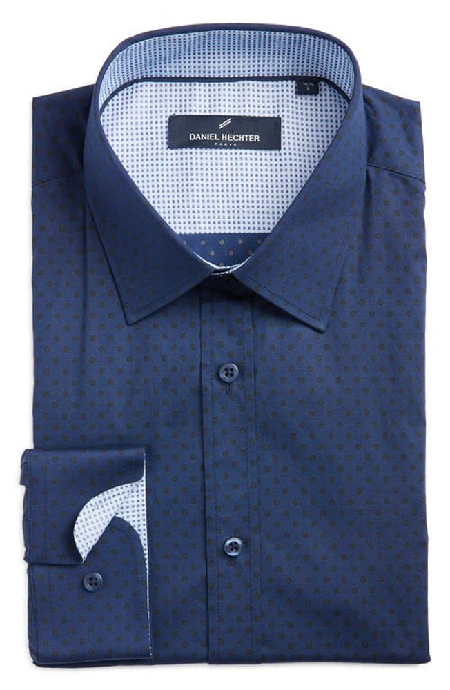 DANIEL HECHTER Tonal Dot Non-Iron Stretch Dress Shirt Navy at Nordstrom,