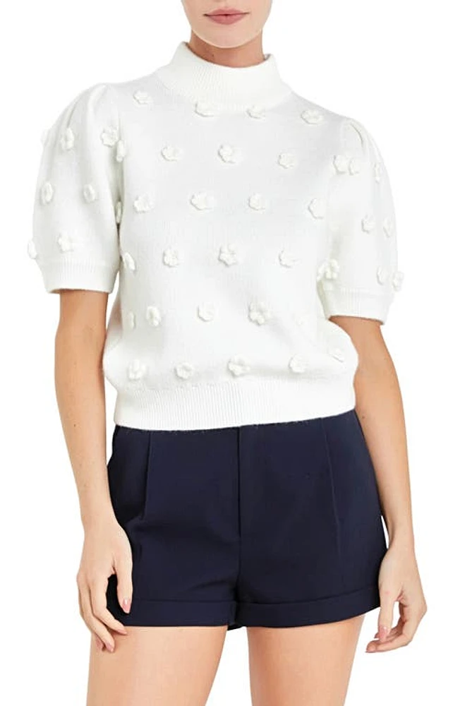 English Factory Flower Pompom Short Sleeve Sweater White at Nordstrom,