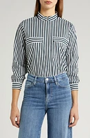 FRAME Stripe Organic Cotton Band Collar Shirt Navy Multi at Nordstrom,