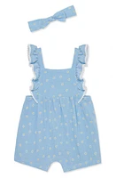 Little Me Daisy Cotton Gauze Romper & Headband Set Blue at Nordstrom,