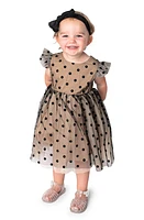 Popatu Kids' Polka Dot Velvet & Tulle Dress Ivory/Black at Nordstrom,