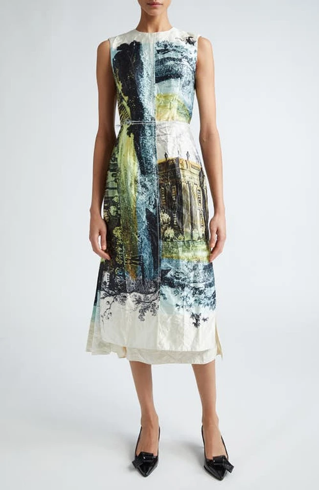 Erdem Print Pleated Back Satin Midi Dress in Parchment at Nordstrom, Size 0 Us