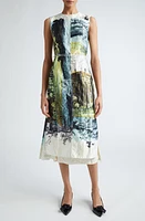 Erdem Print Pleated Back Satin Midi Dress in Parchment at Nordstrom, Size 0 Us