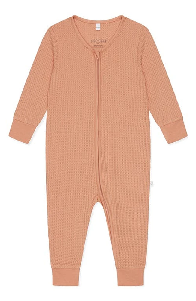 MORI Clever Zip Waffle Fitted One-Piece Pajamas in Peach at Nordstrom