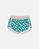 Deux Par Deux Girl's Striped Waist Viscose Short Turquoise Printed in Printed Small Ibiscus at Nordstrom