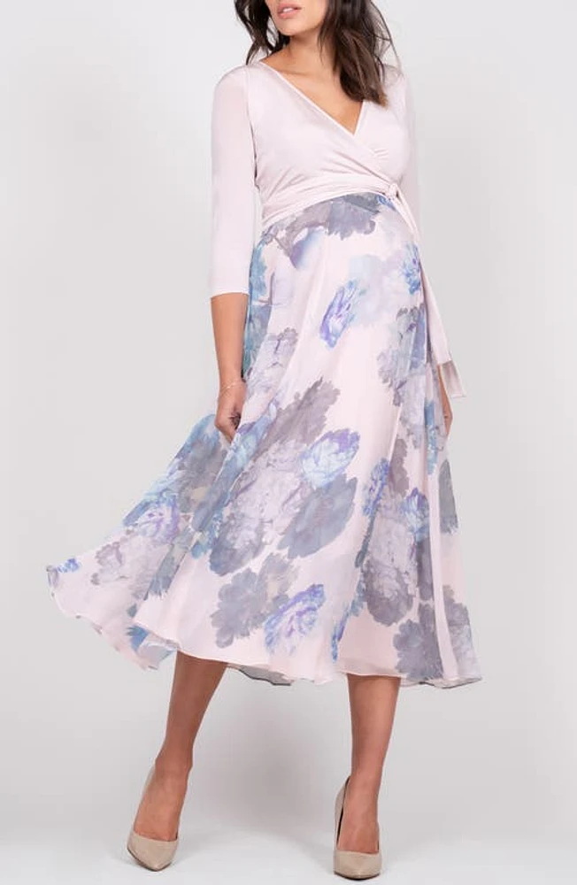 Seraphine Floral Print Wrap Maternity/Nursing Midi Dress Pink/Grey at Nordstrom,