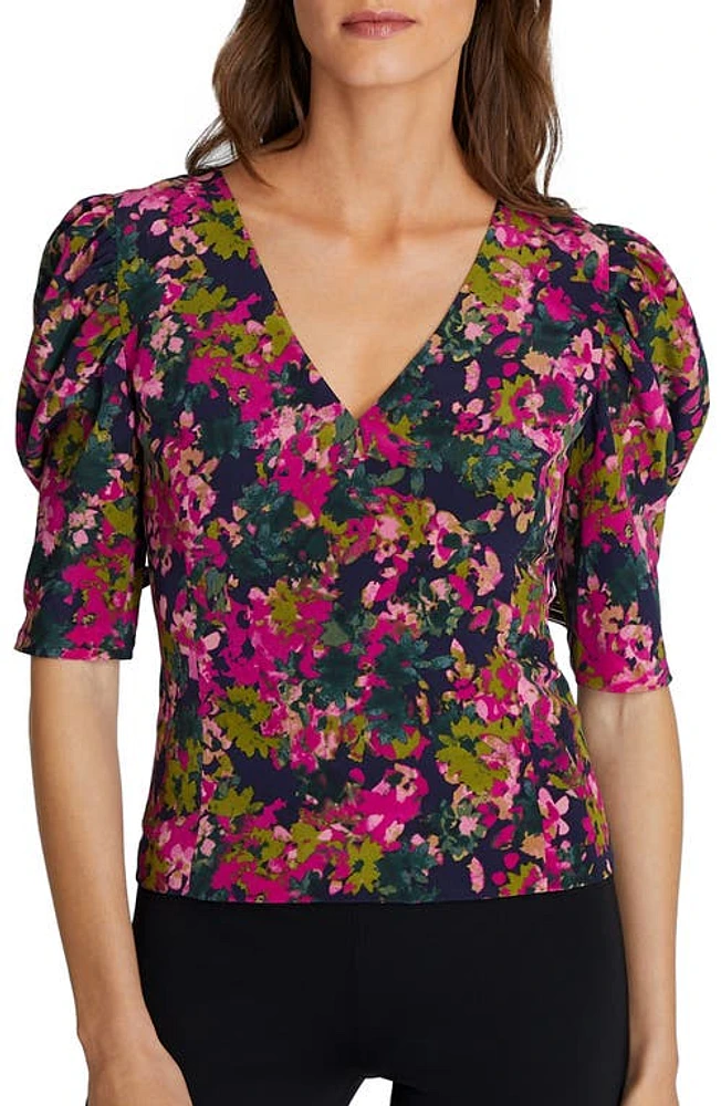 Club Monaco Floral Print Puff Sleeve Silk Top in Pink Mix/Rose at Nordstrom, Size 00