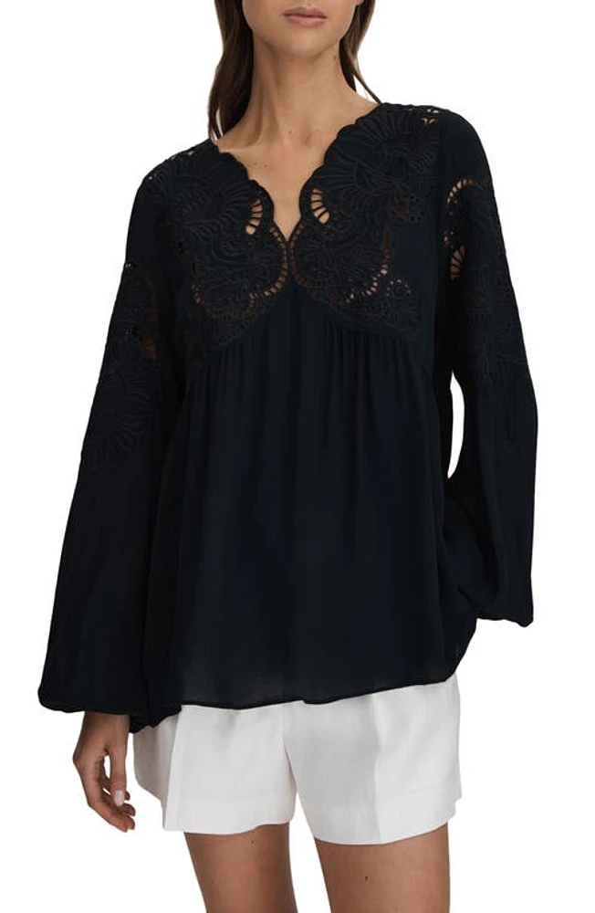 Reiss Noa Tie Back Blouson Sleeve Top Navy at Nordstrom,