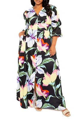 BUXOM COUTURE Floral Puff Sleeve Maxi Dress Black Multi at Nordstrom,