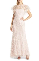 Eliza J Floral 3D Embroidered Flutter Sleeve Gown Blush at Nordstrom,