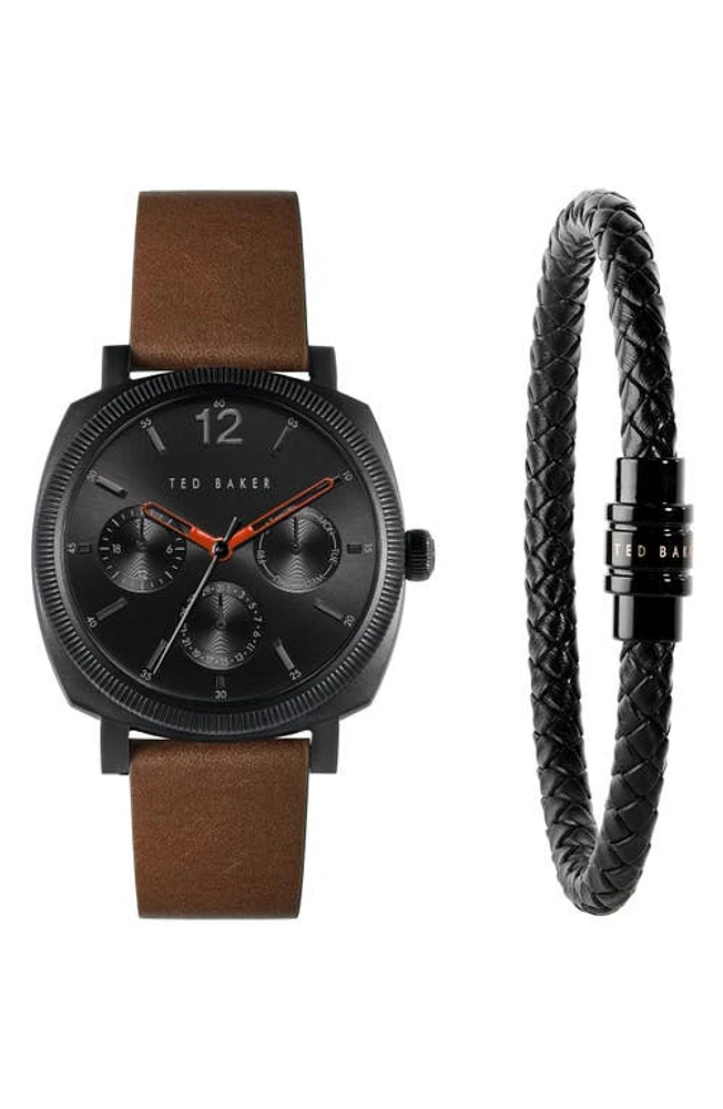 Ted Baker London Caine Leather Strap Watch & Bracelet Set, 42mm in Black/Black/Brown at Nordstrom