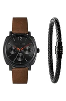 Ted Baker London Caine Leather Strap Watch & Bracelet Set, 42mm in Black/Black/Brown at Nordstrom