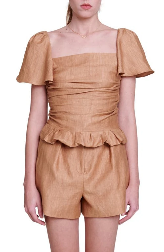 maje Lostan Smocked Ruffle Linen Blend Top Light Brown at Nordstrom,