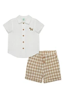 Little Me Puppy Short Sleeve Button-Up Shirt & Shorts Set Tan at Nordstrom,