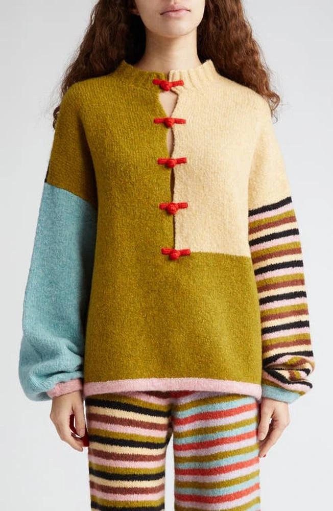 YanYan Charlie Wah Colorblock Wool Blend Funnel Neck Sweater in Olive Multi at Nordstrom, Size Small