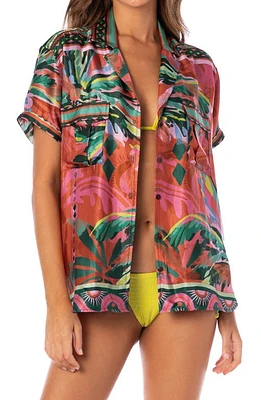 Maaji Flame Palms Moon Phase Cover-Up Button-Up Shirt Red at Nordstrom,