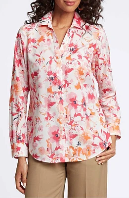 Foxcroft Mary Watercolor Print Cotton Button-Up Shirt Pink Multi at Nordstrom,