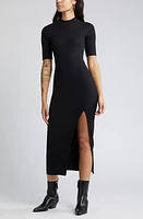 Open Edit Mock Neck Rib Midi Dress Black at Nordstrom,