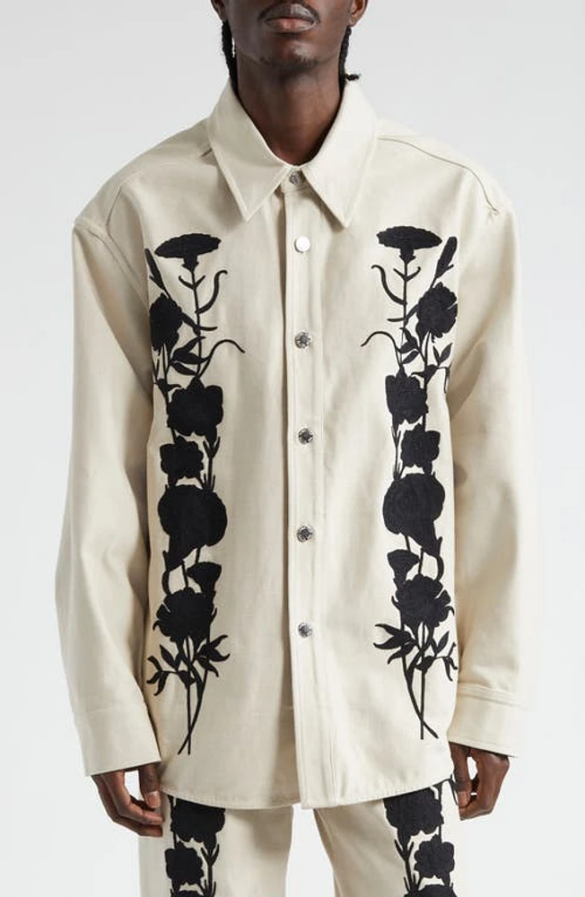 SONG FOR THE MUTE Embroidered Foliage Cotton Shirt Jacket Off White at Nordstrom, Us