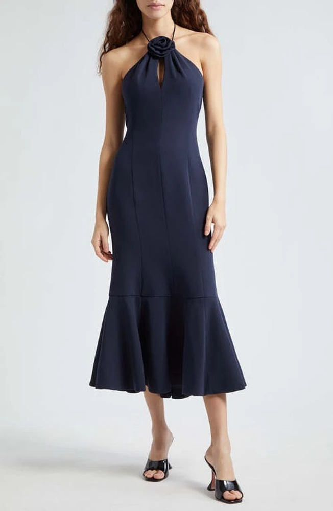 Cinq à Sept Jennie Rosette Detail Crepe Midi Dress Navy at Nordstrom,