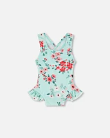 Deux Par Deux Little Girl's One Piece Swimsuit Light Blue Flower Print at Nordstrom