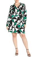 City Chic Frances Print Wrap Front Long Sleeve Dress Geo at