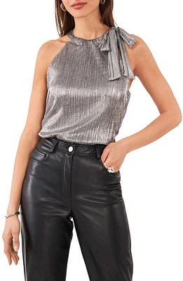 1.STATE Tie Neck Sleeveless Plissé Top in Black/Gunmetal at Nordstrom, Size Small