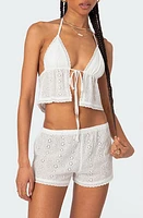 EDIKTED Eyelet Tie Front Crop Halter Top White at Nordstrom,