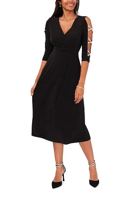 Chaus Rhinestone Sleeve Wrap Front Knit Midi Dress Black at Nordstrom,