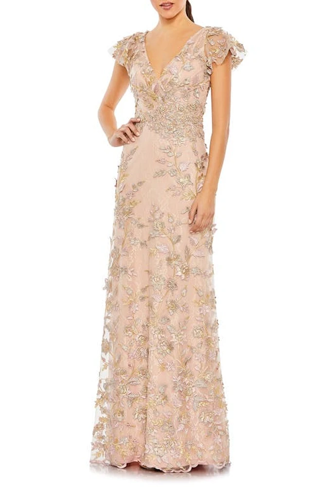 Mac Duggal Embroidered Floral Appliqué Flutter Sleeve Gown Rose Gold at Nordstrom,