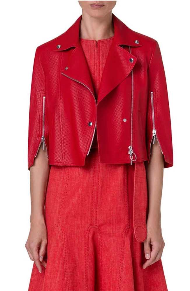 Akris punto Perforated Lambskin Leather Crop Moto Jacket Red at Nordstrom,