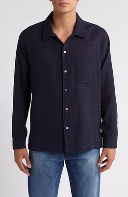 FRAME Textured Stripe Cotton Button-Up Shirt Navy at Nordstrom,