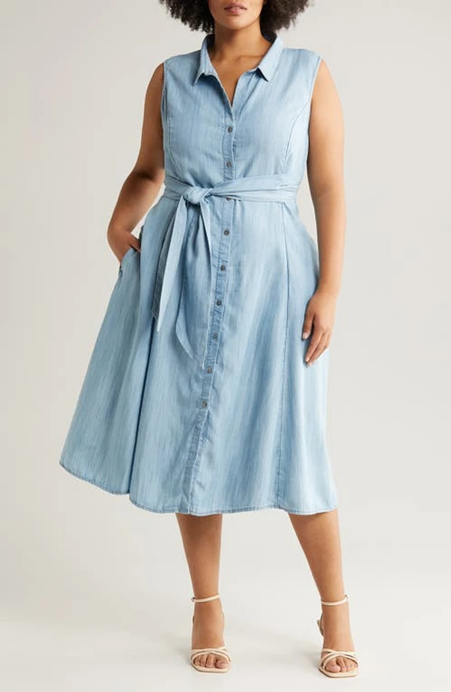 NIC+ZOE Tie Waist Sleeveless Denim Midi Shirtdress Mid Wash at Nordstrom, X