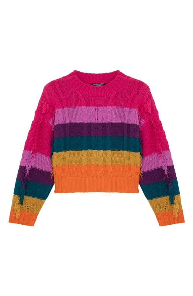 Truce Kids' Stripe Fringe Cable Sweater Pink Multi at Nordstrom,