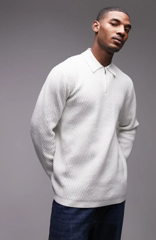 Topman Chevron Rib Quarter Zip Sweater White at Nordstrom,