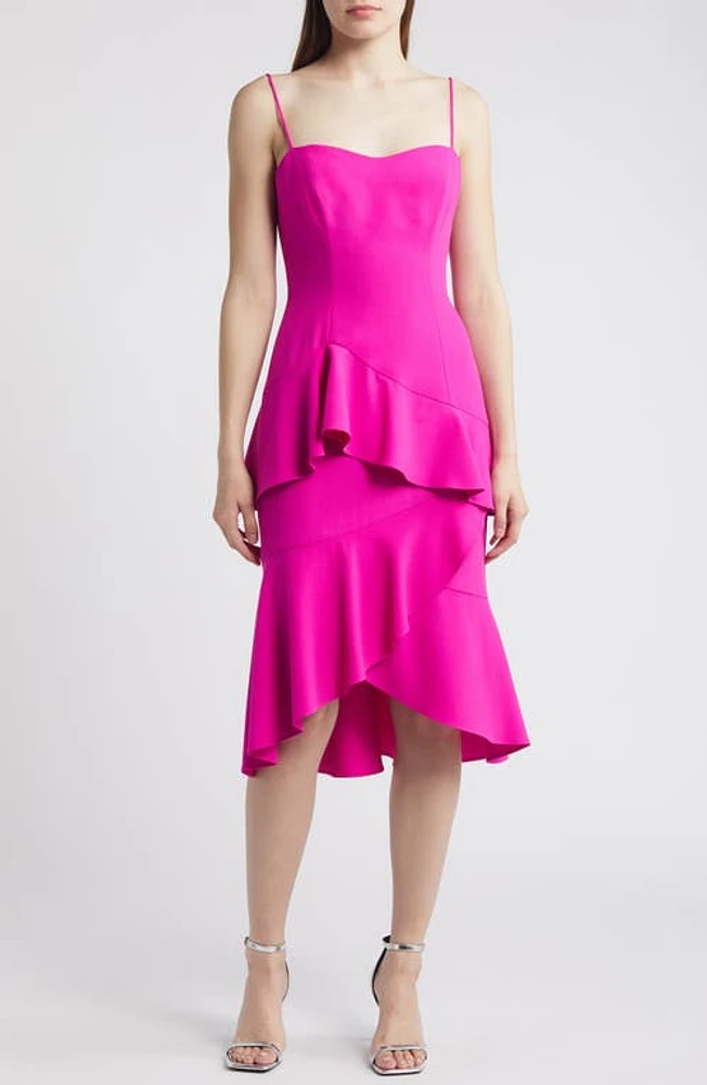 Black Halo Barbados Tiered Ruffle Midi Dress Vibrant Pink at Nordstrom,