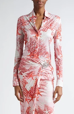 Versace Holiday Print Jersey Button-Up Shirt Dusty Rose Coral Bone at Nordstrom, Us