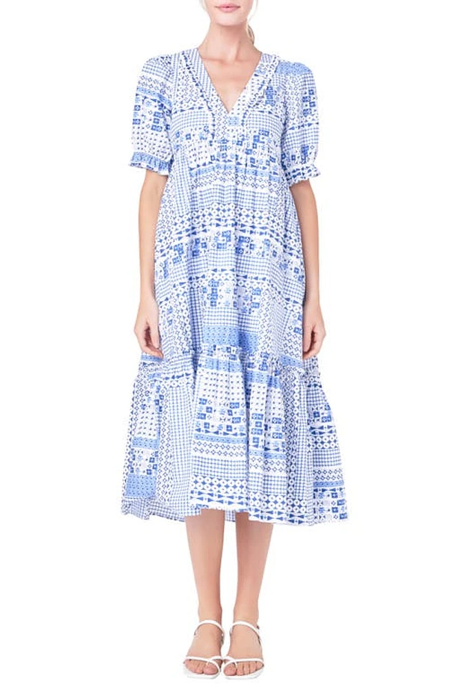 English Factory Patchwork Print Tiered Cotton Midi Dress in Blue at Nordstrom, Size Small