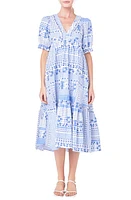 English Factory Patchwork Print Tiered Cotton Midi Dress in Blue at Nordstrom, Size Small