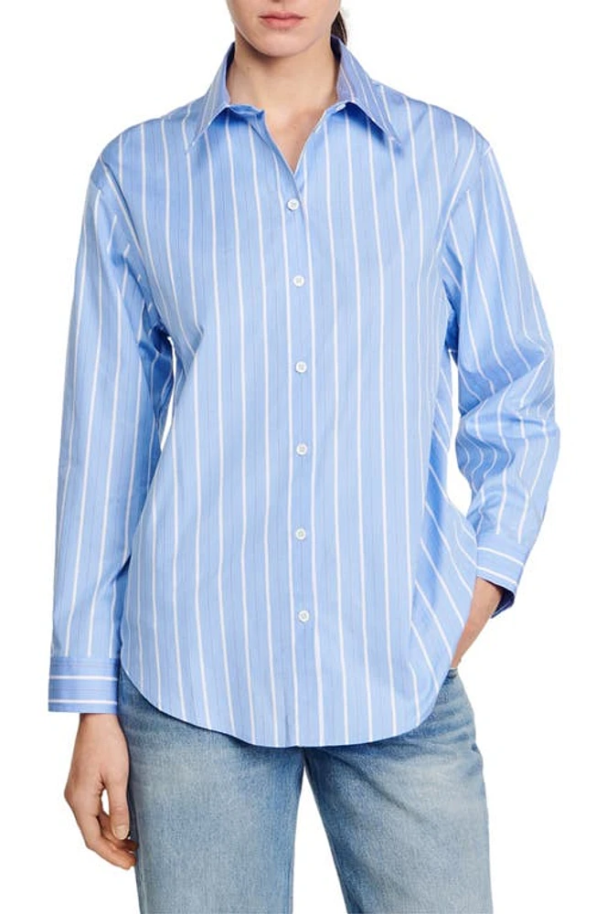 sandro Davie Stripe Lace Accent Open Back Cotton Button-Up Shirt Blu /White at Nordstrom,