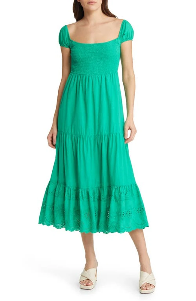 Area Stars Coco Cotton Smocked Eyelet Midi Dress in Green at Nordstrom, Size Large