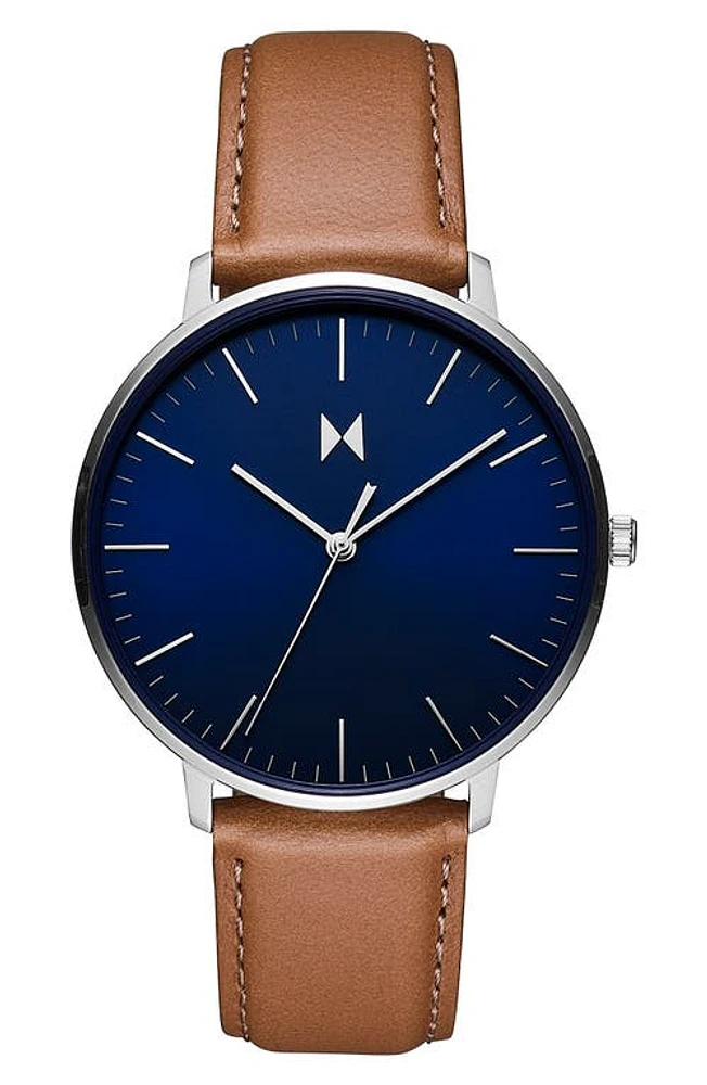 MVMT WATCHES Legacy Slim Leather Strap Watch, 42mm in Blue at Nordstrom