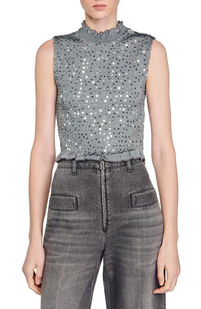 sandro Yahir Sequin Smocked Sleeveless Crop Top Grey at Nordstrom,